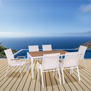 VIRNA Set Τραπεζαρία: Τραπέζι + 6 Πολυθρόνες, Μέταλλο Βαφή Άσπρο, Polywood Φυσικό