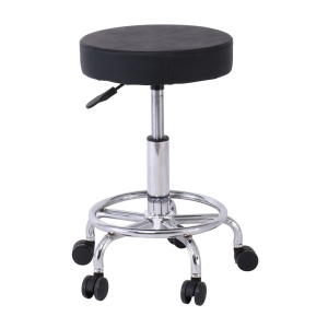 GLORY Σκαμπό με υποπόδιο, Βάση Χρώμιο, PU Μαύρο, Περιστρεφόμενο, Τροχήλατο