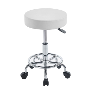 GLORY Σκαμπό με υποπόδιο, Βάση Χρώμιο, PU Άσπρο, Περιστρεφόμενο, Τροχήλατο